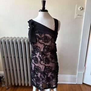 Y2K Rosette Mesh Overlay Sheath Dress Black Pink Asymmetrical Sraps